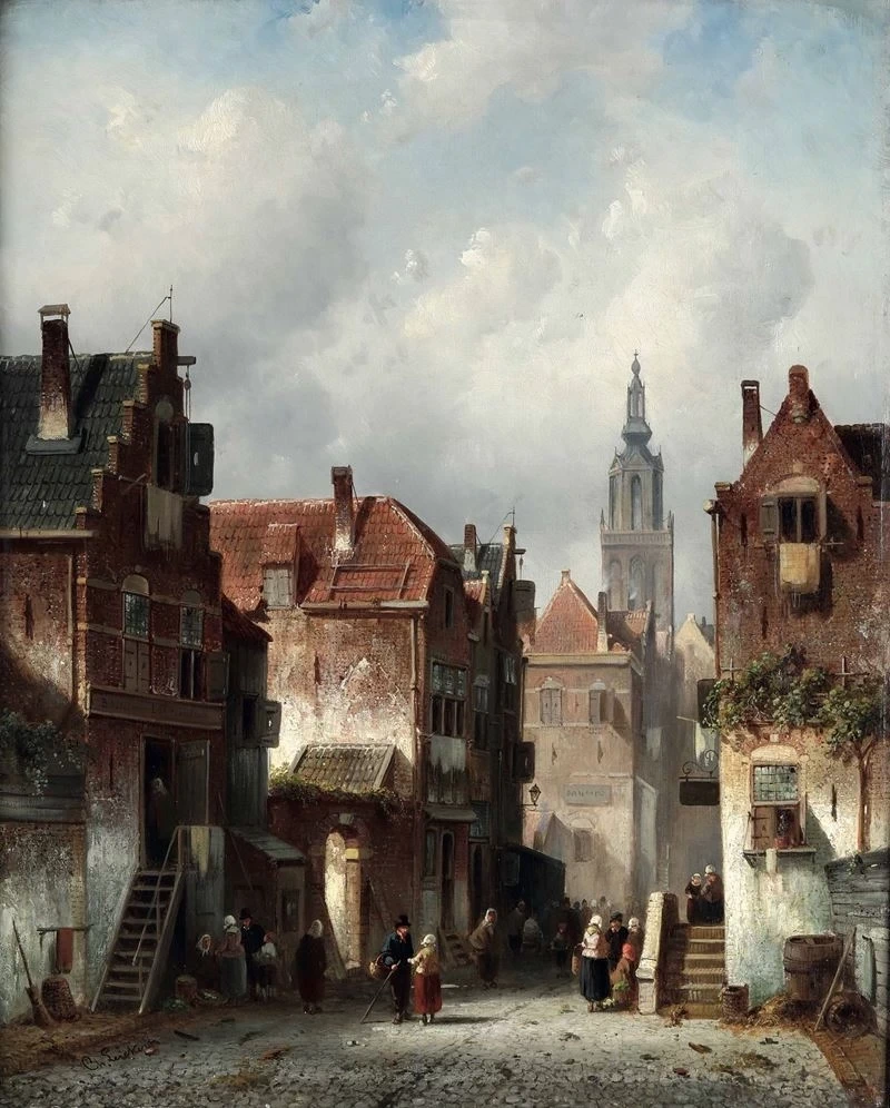 Charles Leickert - Scorcio di strada cittadina con figure
